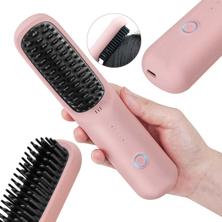 NNEDSZ Black Wireless Hair Straightening Brush - Portable 2-in-1 Styling Tool with USB Charging, Ceramic Heat Technology, and Compact Design-1