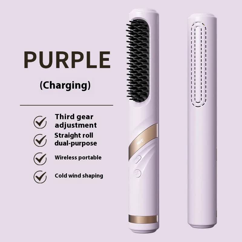 NNEDSZ Purple Portable USB Rechargeable Cold Wind Ionic Hair Straightening Brush, Multi-Functional Hair Straightener and Curler, Lightweight and Travel-Friendly-0