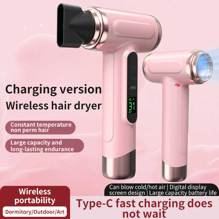 NNEDSZ Pink wireless Hair Dryer with Cold & Hot Air, Portable Large-Capacity Rechargeable Ionic Dryer, Fast-Drying, Lightweight and Compact for Home and Travel-1