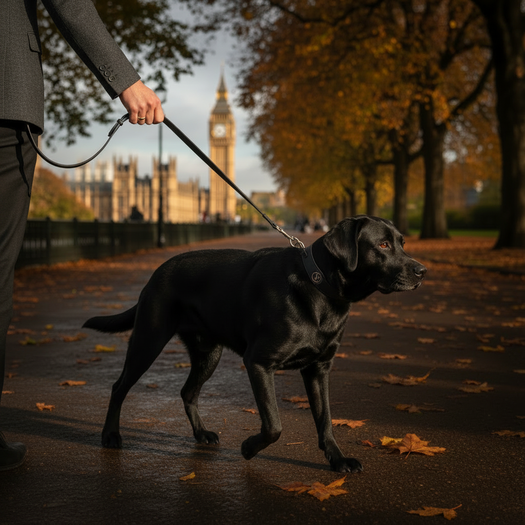 Black Labrador wearing black apple leather lead and collar in a vibrant autumn London park
